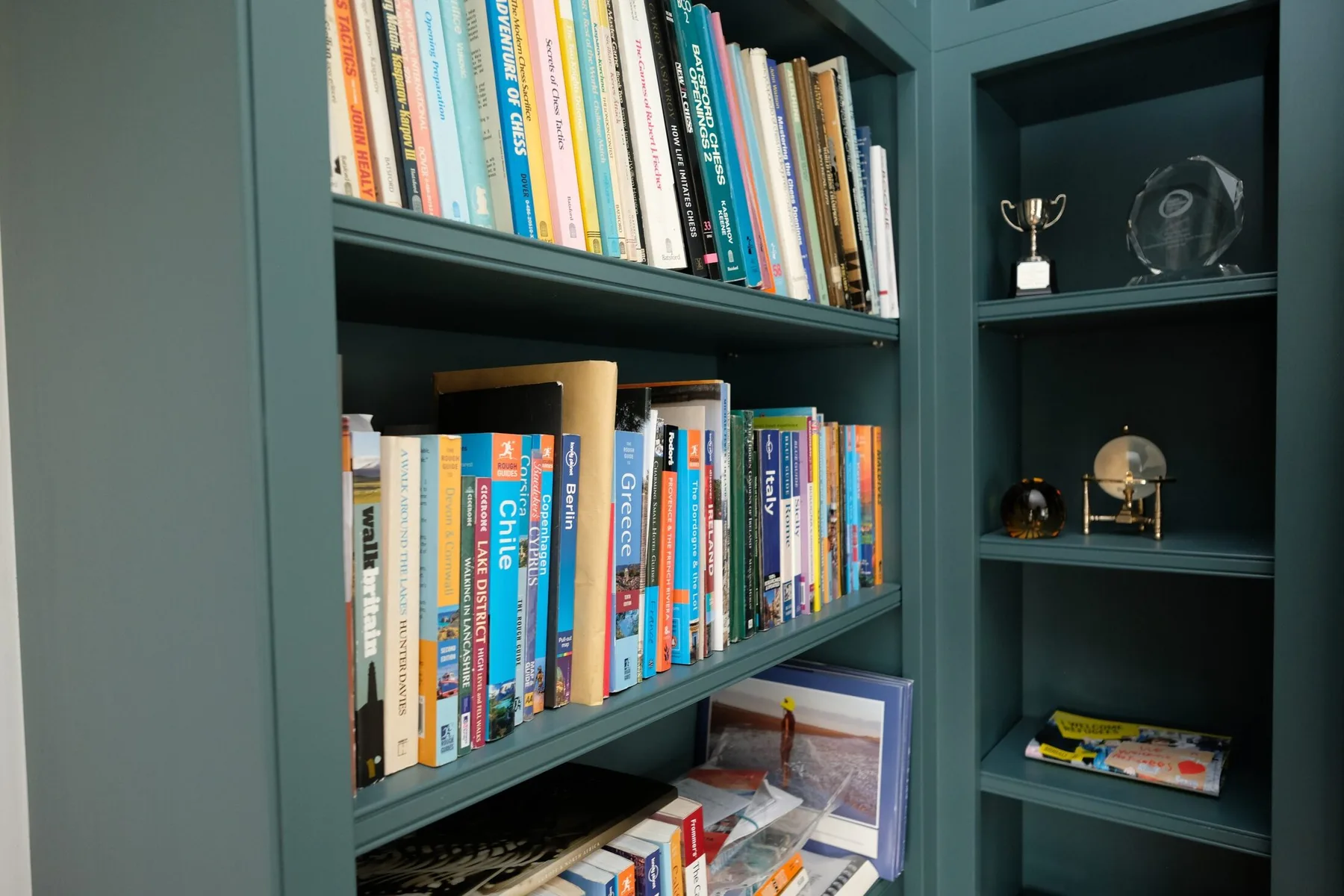 Deep green fitted library shelves
